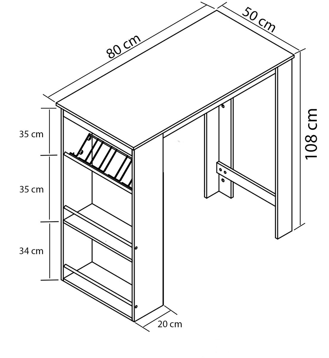 Tavolino da bar in legno H. 110 x L. 80/110 x P. 50 cm