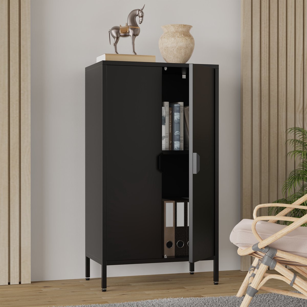 Cassettiera in legno, credenza con ante girevoli