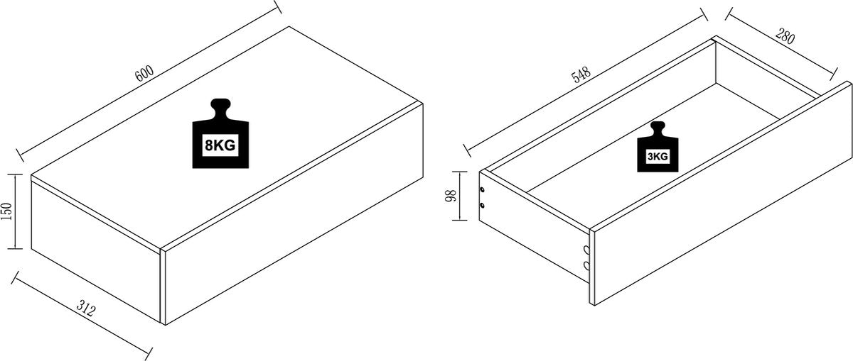Comodino da parete con cassetto in legno M60 H. 15 x L. 60 x P. 30 cm