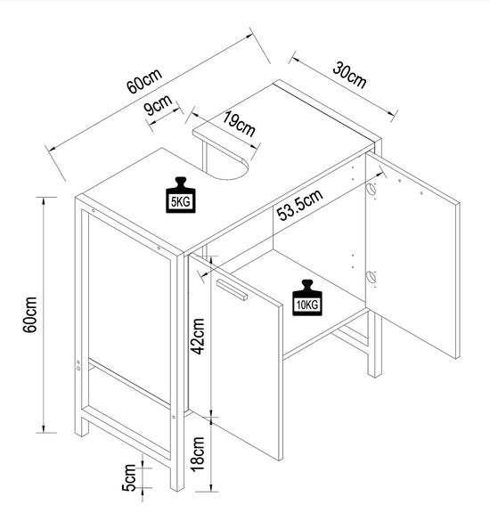 Supporto per Vasca da Bagno senza lavabo 60 x L. 60 x P. 30 cm