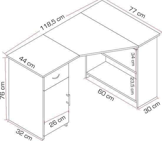 Scrivania angolare H. 76 x L. 118 x P. 77 cm