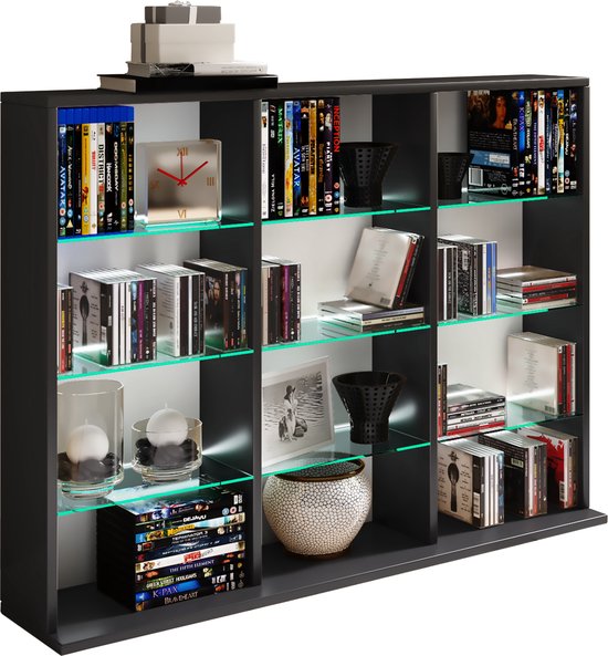 Libreria porta libri CD e DVD in legno mensole in vetro H. 82 x L. 102 x P. 23 cm