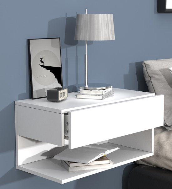 Comodino sospeso con cassetto a muro 30 x L. 60 x P. 32 cm Bianco