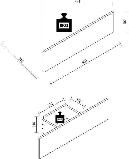 Comodino con cassetto angolare a muro H. 15 x L. 60 x P. 43 cm