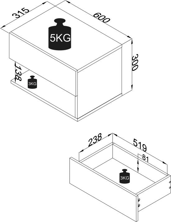 Comodino sospeso con cassetto a muro 30 x L. 60 x P. 32 cm Bianco