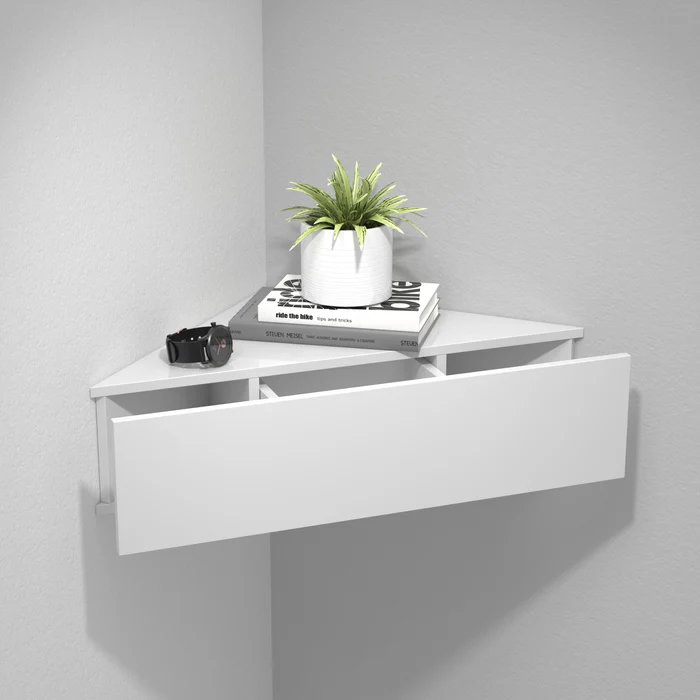 Comodino con cassetto angolare a muro H. 15 x L. 60 x P. 43 cm