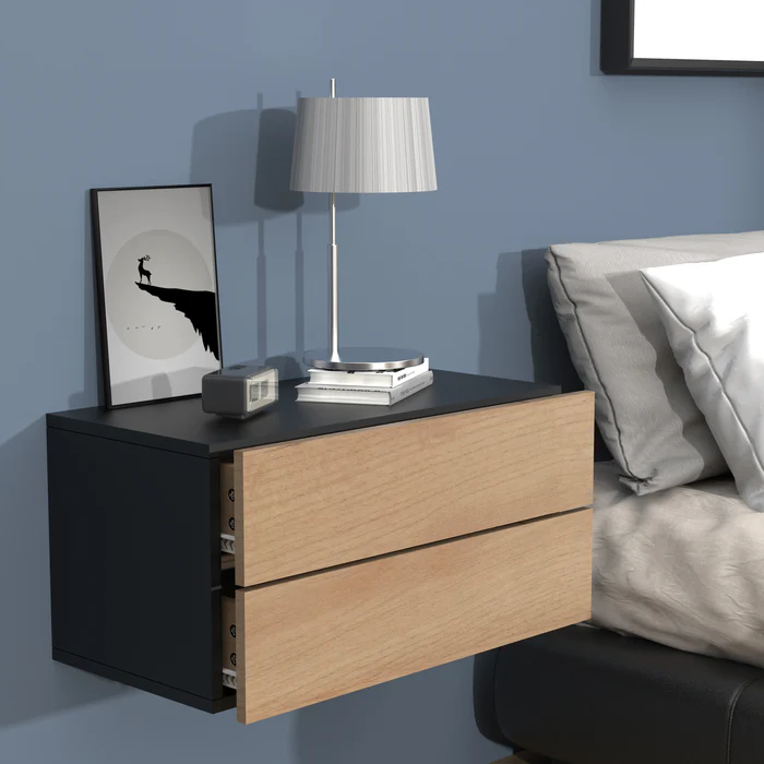 Comodino sospeso a muro con cassetto in legno H. 30 x L. 60 x P. 32 cm