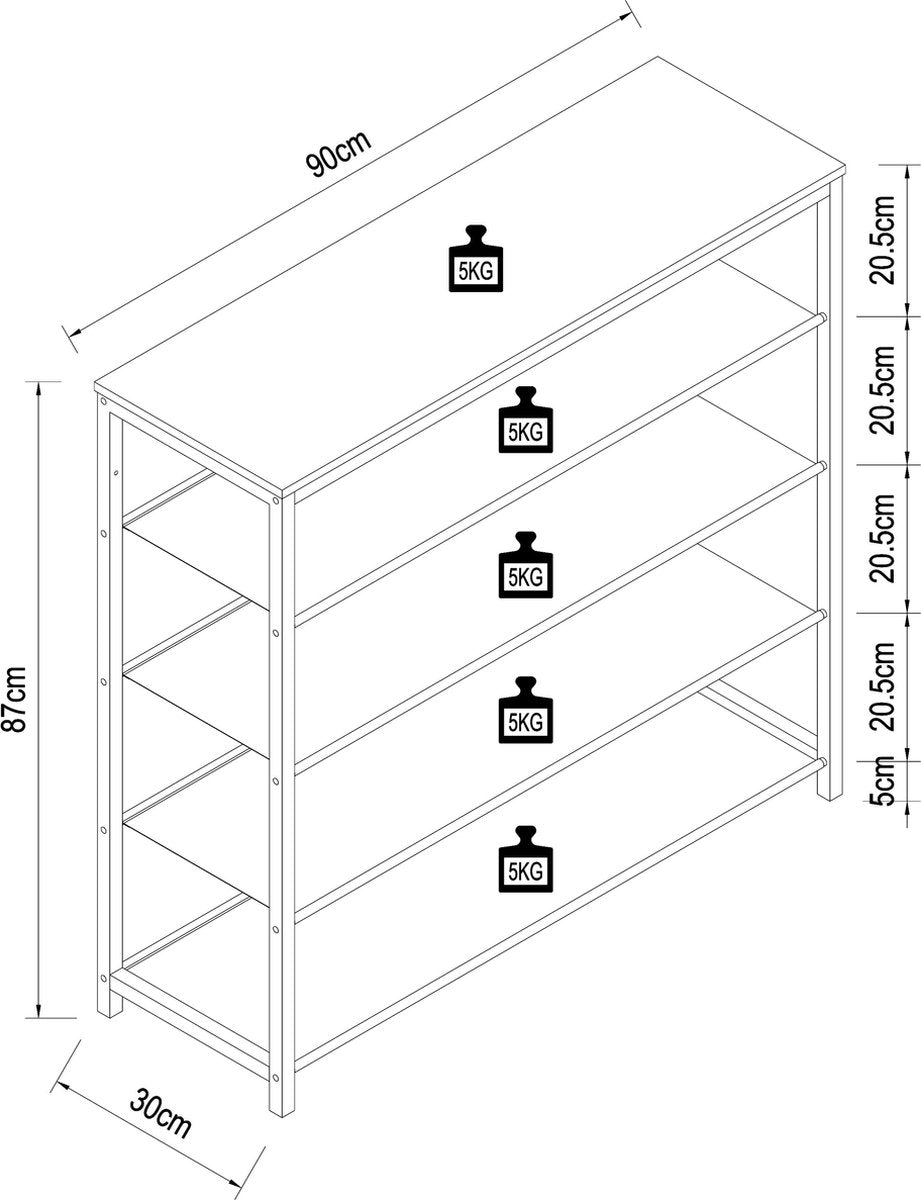 Scarpiera in legno e metallo Scarpiera Scarpiera Scaffale 4 ripiani H 87 x L 90 x P 30 cm