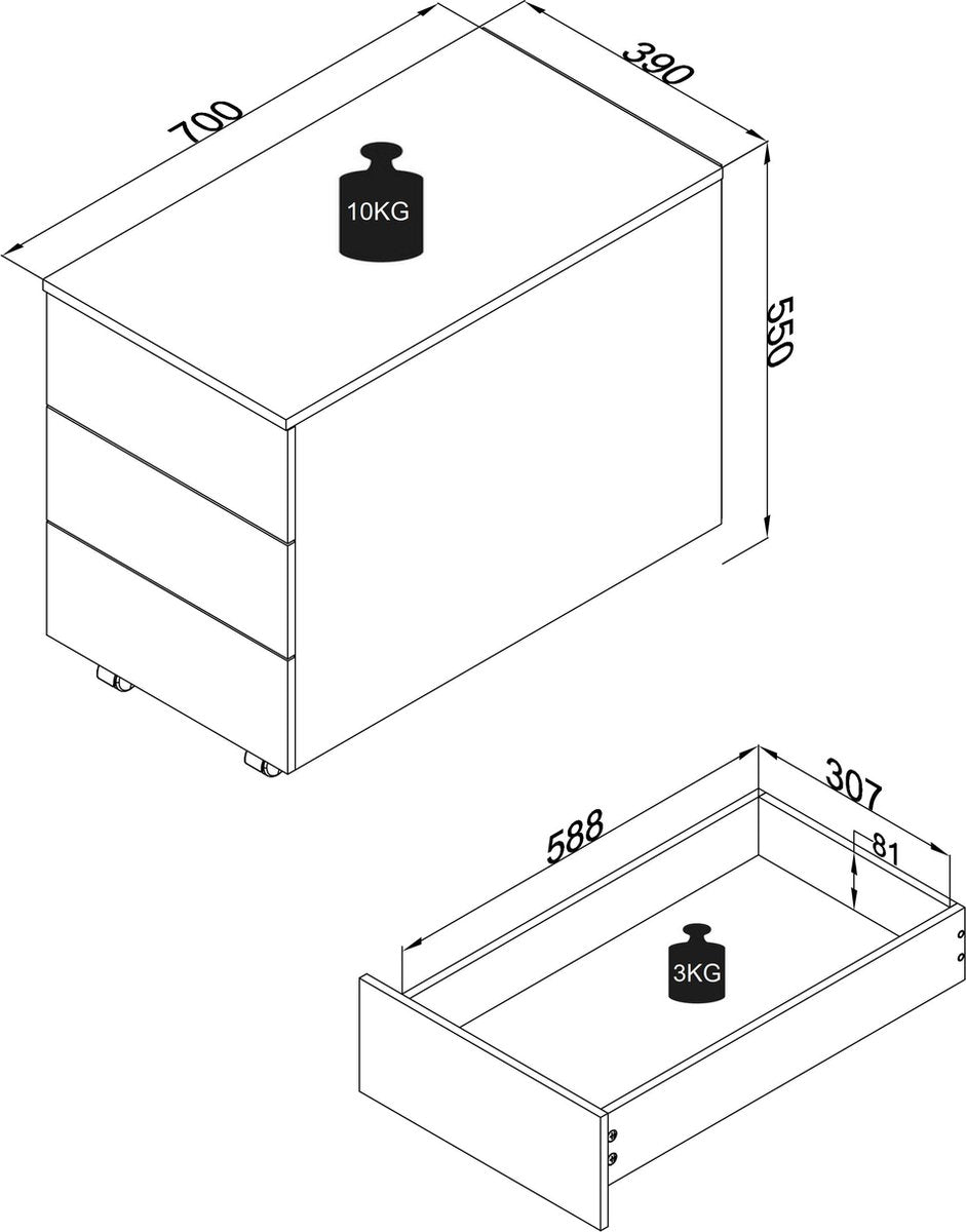 Contenitore, comodino per ufficio o stanza da letto H. 55 x L. 39 x P. 70cm
