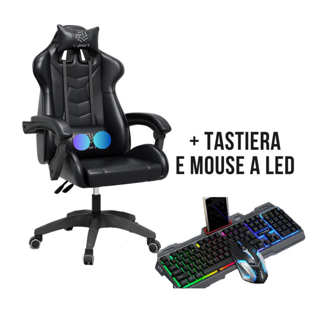 Sedia da Gaming / Ufficio RECLINABILE ERGONOMICA IN ECOPELLE CON TASTIERA E MOUSE A LED INCLUSO