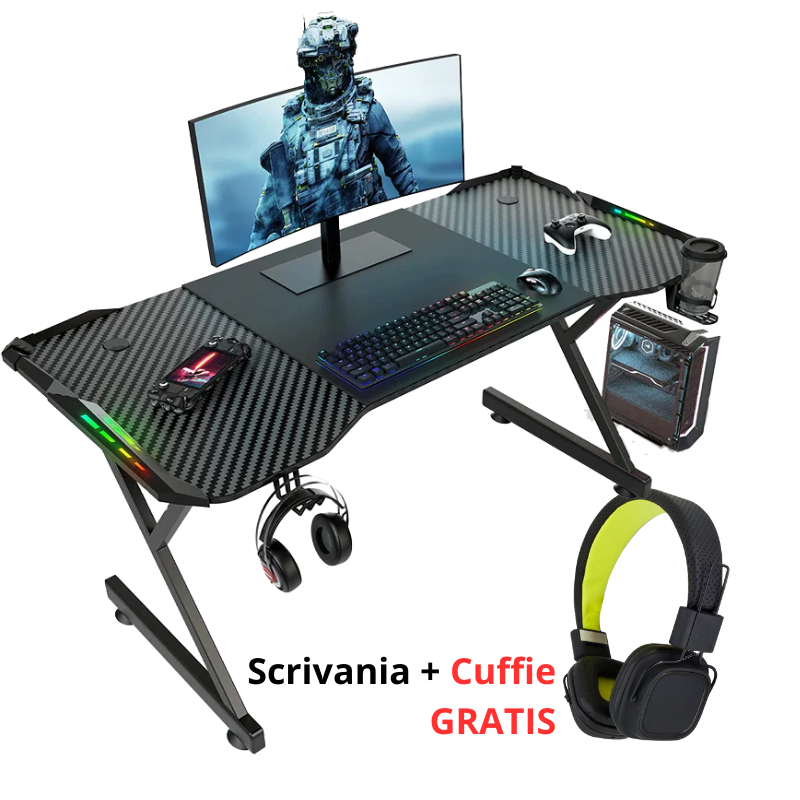 Scrivania Gaming Superficie in carbonio 120cm x 60cm CON REGALO CUFFIE DA GAMING