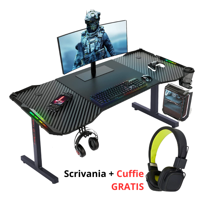 Scrivania Gaming Superficie in carbonio 120cm x 60cm CON REGALO CUFFIE DA GAMING
