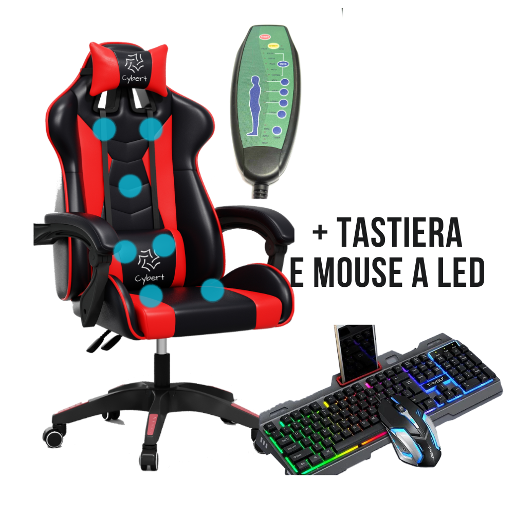 Sedia da Gaming / Ufficio RECLINABILE ERGONOMICA IN ECOPELLE CON TASTIERA E MOUSE A LED INCLUSO