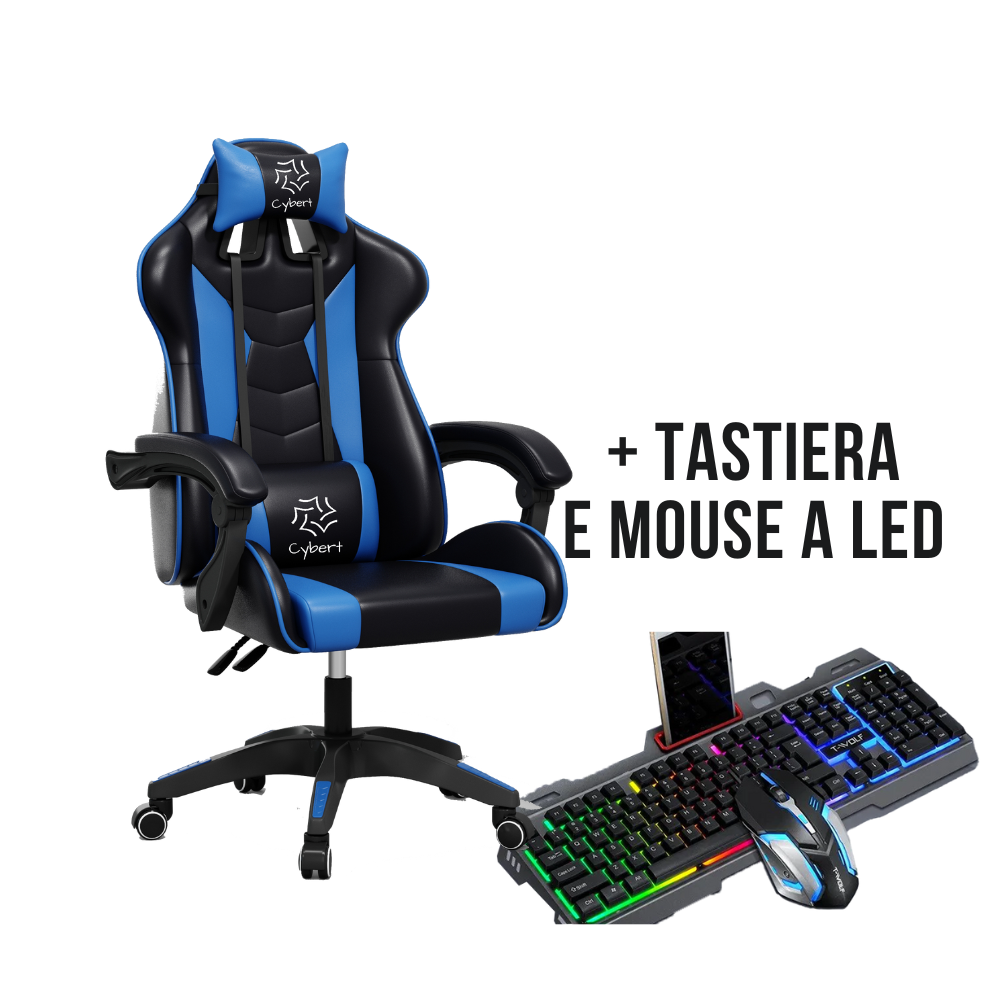 Sedia da Gaming / Ufficio RECLINABILE ERGONOMICA IN ECOPELLE CON TASTIERA E MOUSE A LED INCLUSO