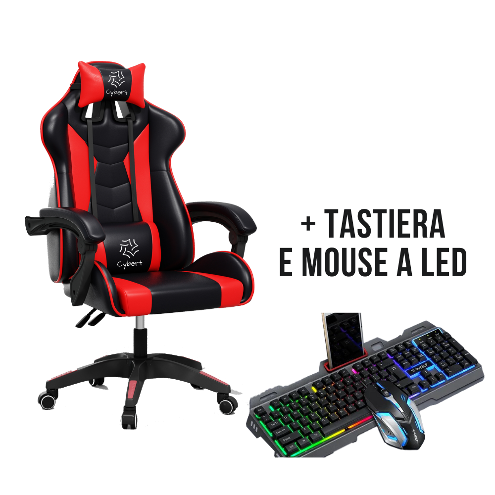 Sedia da Gaming / Ufficio RECLINABILE ERGONOMICA IN ECOPELLE CON TASTIERA E MOUSE A LED INCLUSO