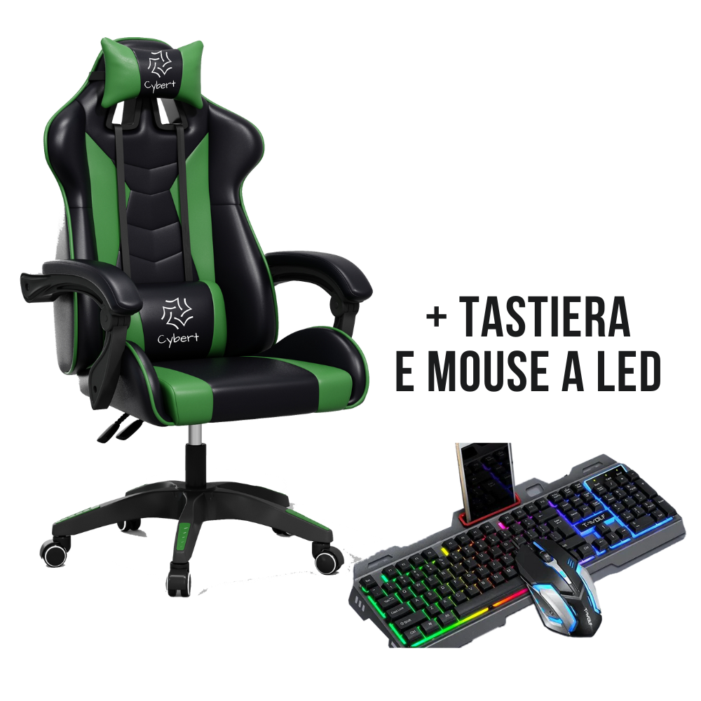 Sedia da Gaming / Ufficio RECLINABILE ERGONOMICA IN ECOPELLE CON TASTIERA E MOUSE A LED INCLUSO
