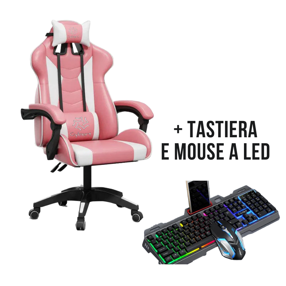 Sedia da Gaming / Ufficio RECLINABILE ERGONOMICA IN ECOPELLE CON TASTIERA E MOUSE A LED INCLUSO