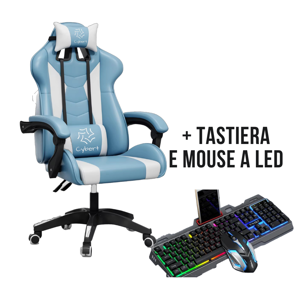 Sedia da Gaming / Ufficio RECLINABILE ERGONOMICA IN ECOPELLE CON TASTIERA E MOUSE A LED INCLUSO