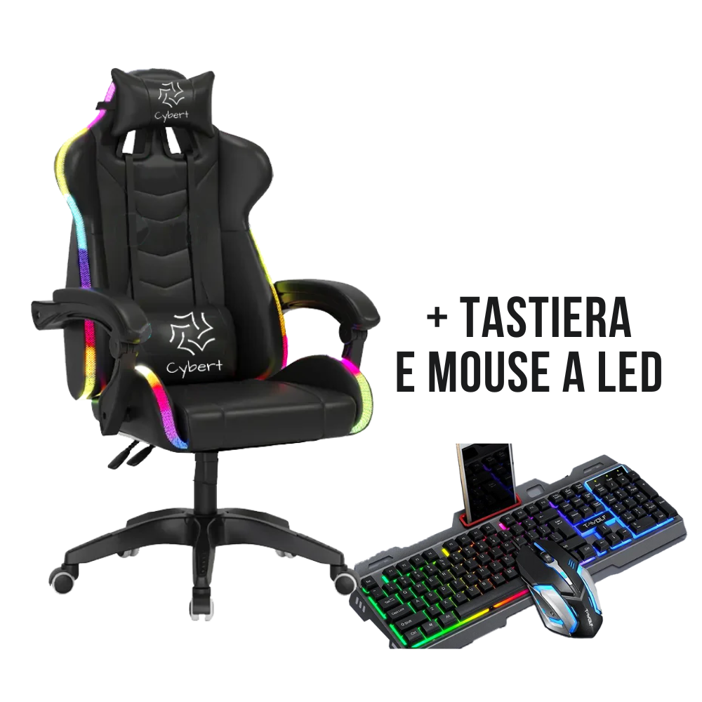 Sedia da Gaming / Ufficio RECLINABILE ERGONOMICA IN ECOPELLE CON TASTIERA E MOUSE A LED INCLUSO