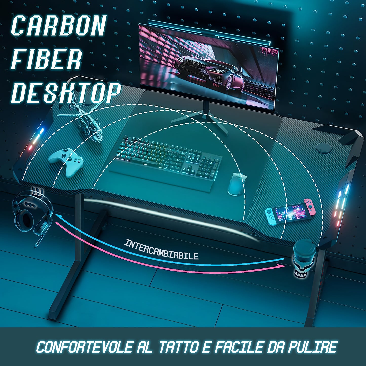 Scrivania Gaming Superficie in carbonio 120cm x 60cm CON REGALO CUFFIE DA GAMING