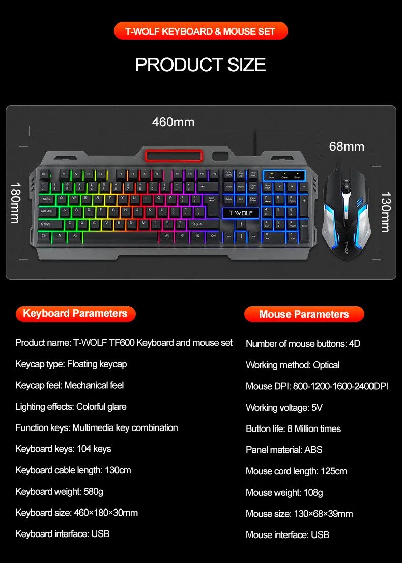 Tastiera gaming + mouse T-Wolf