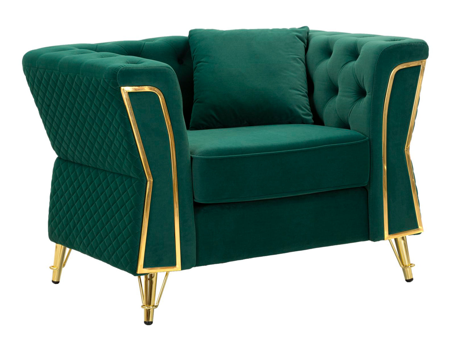 Poltrona EMY in velluto verde con cuscino – gambe metallo oro – 104x83x76 cm
