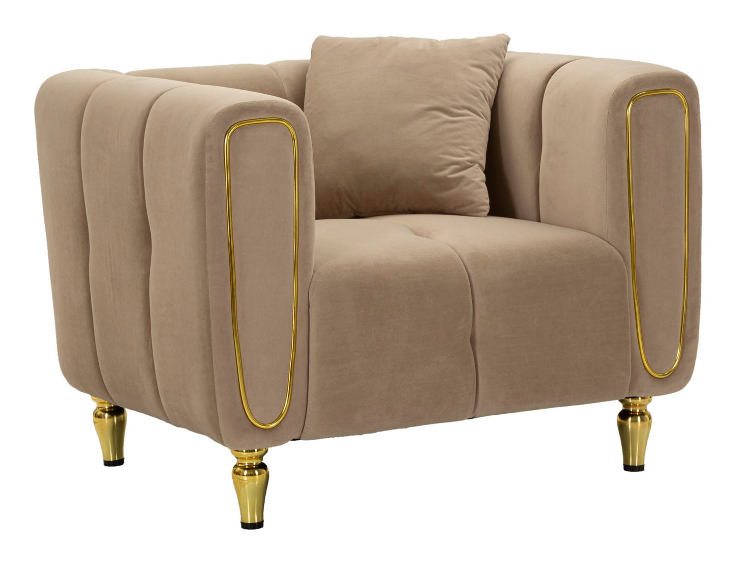 Poltrona ALMA in velluto grigio con cuscino – gambe metallo oro – 97x81x71 cm