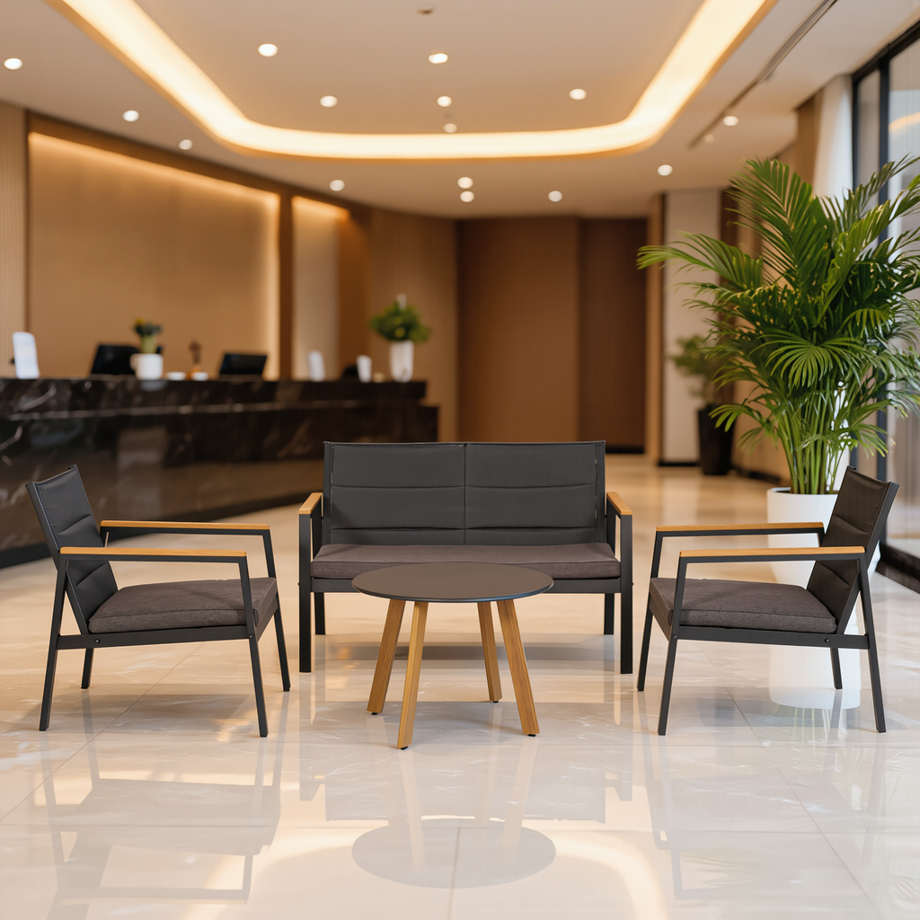 Set Lounge KYOTO 4 Pezzi — Divano 2 Posti + 2 Poltrone + Tavolino con Cuscini
