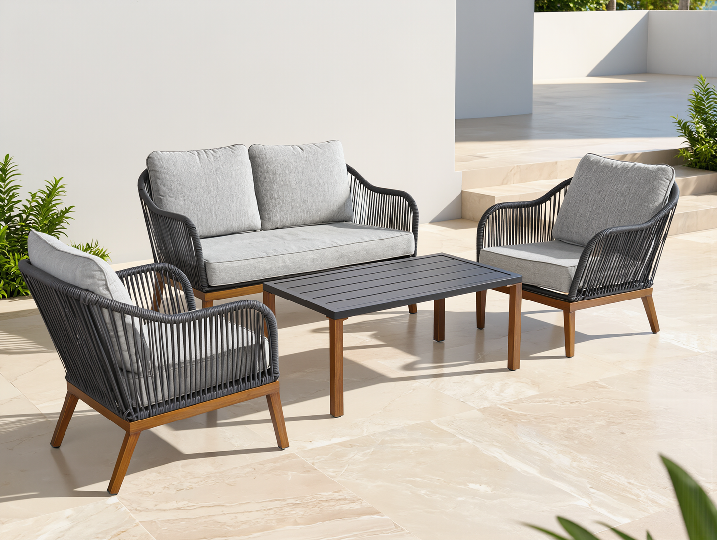 Salotto da giardino ZANZIBAR 4 Pezzi - Divano - Tavolino -2 Sedie con Cuscini set da giardino