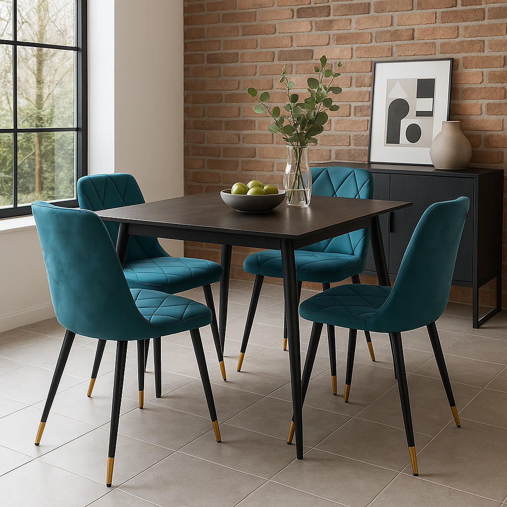 SET 4 Sedie in velluto  con gambe in ferro nere e dettaglio oro – per sala da pranzo o sala d’attesa