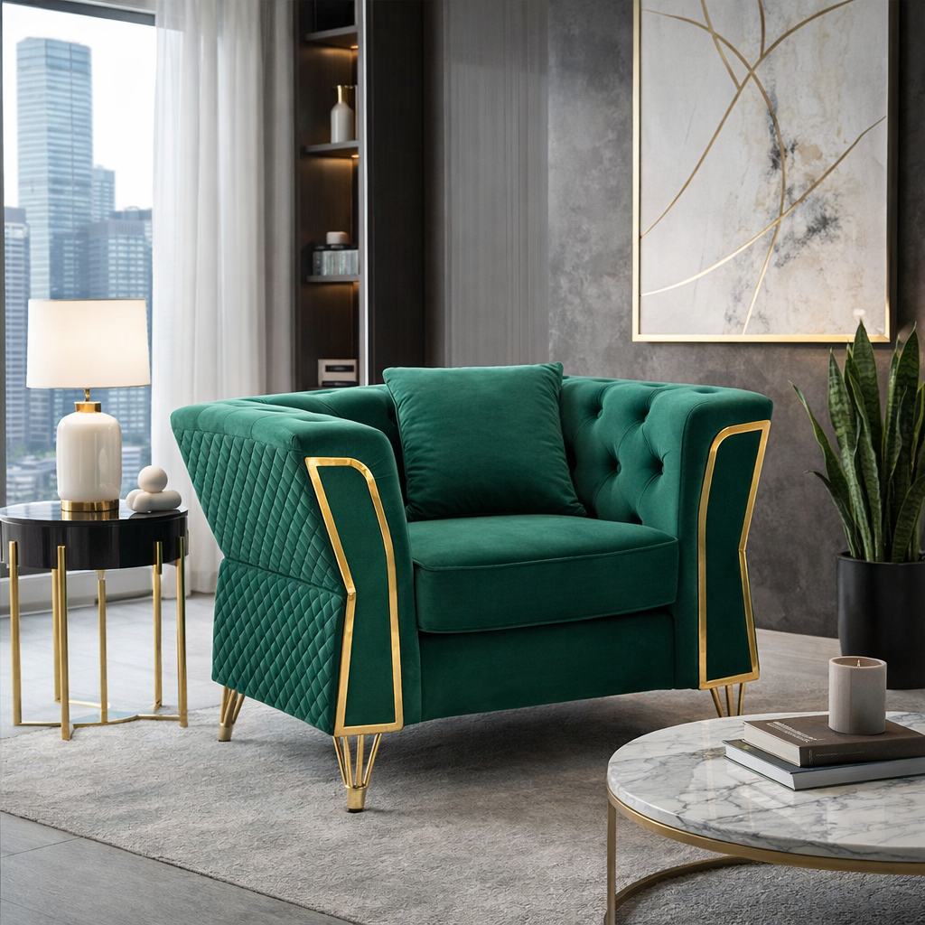 Poltrona EMY in velluto verde con cuscino – gambe metallo oro – 104x83x76 cm