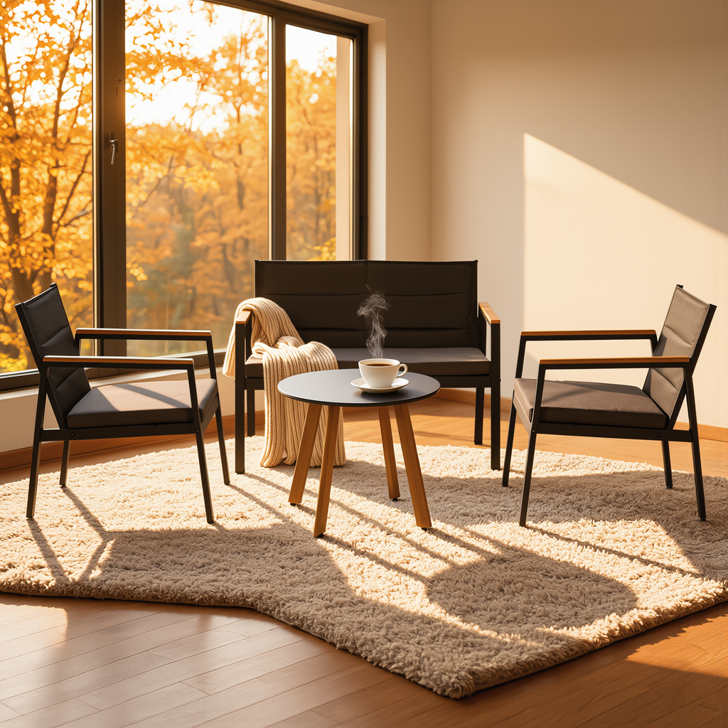 Set Lounge KYOTO 4 Pezzi — Divano 2 Posti + 2 Poltrone + Tavolino con Cuscini