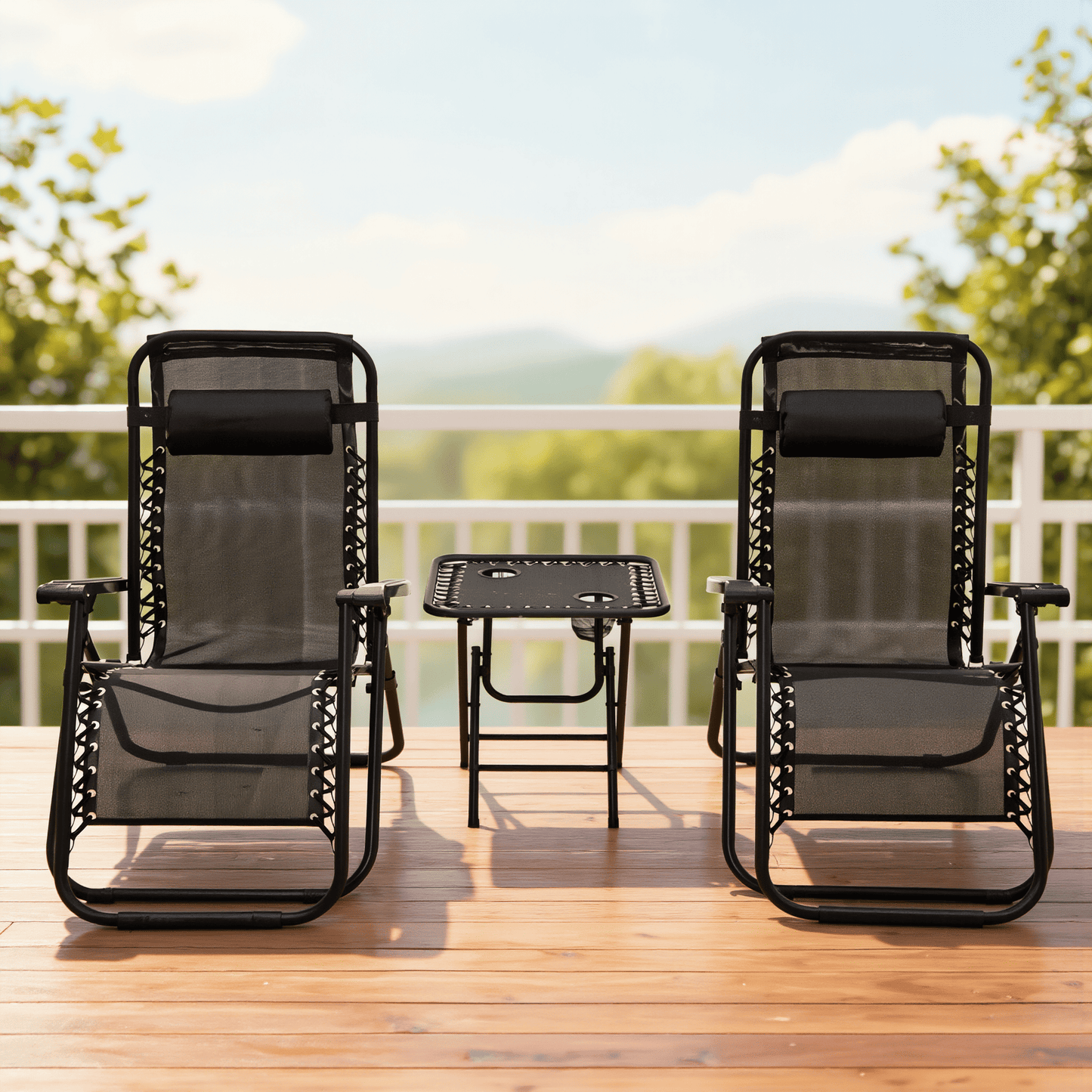 Set Relax Zero Gravity 3 Pezzi – 2 Sdraio Reclinabili + Tavolino Pieghevole con Portabicchieri