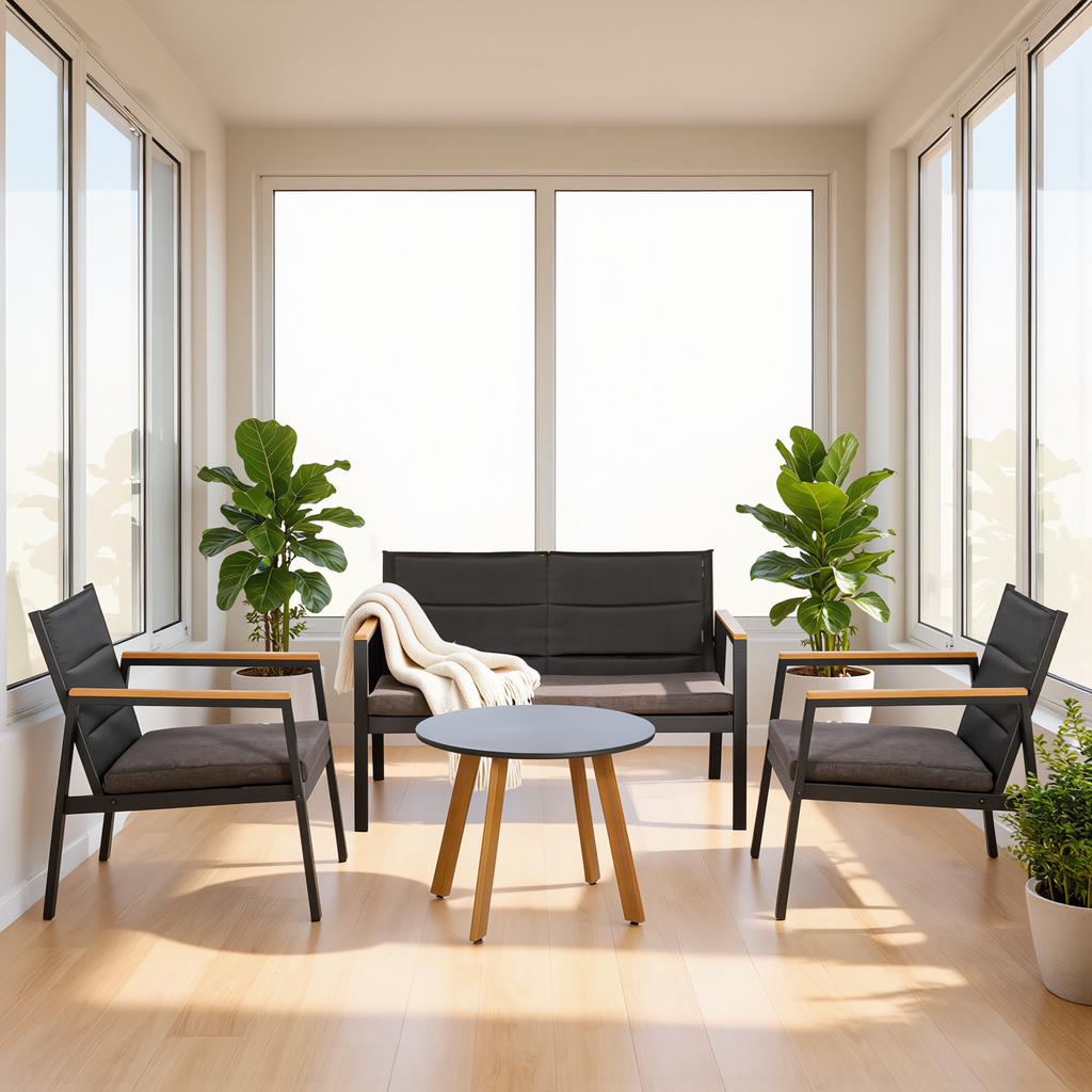 Set Lounge KYOTO 4 Pezzi — Divano 2 Posti + 2 Poltrone + Tavolino con Cuscini