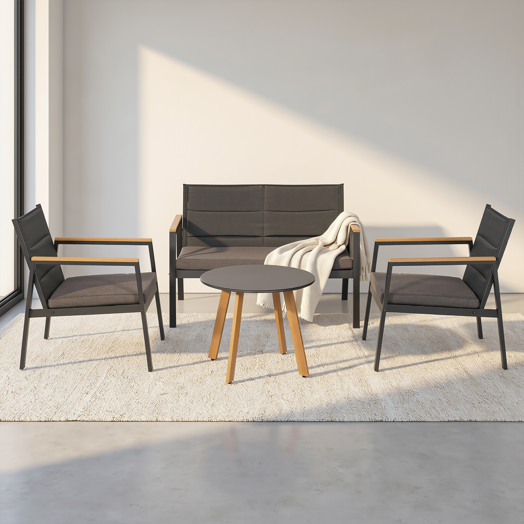Set Lounge KYOTO 4 Pezzi — Divano 2 Posti + 2 Poltrone + Tavolino con Cuscini