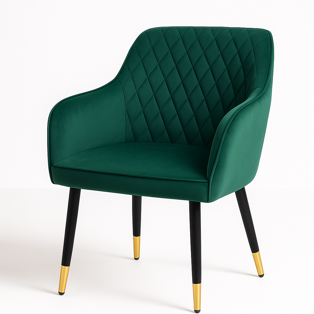 Coppia di poltroncine per sala da pranzo o sala d'attesa in velluto con gambe in ferro nere – dettaglio oro