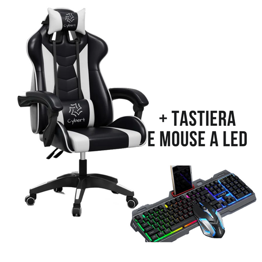 Sedia da Gaming / Ufficio RECLINABILE ERGONOMICA IN ECOPELLE CON TASTIERA E MOUSE A LED INCLUSO
