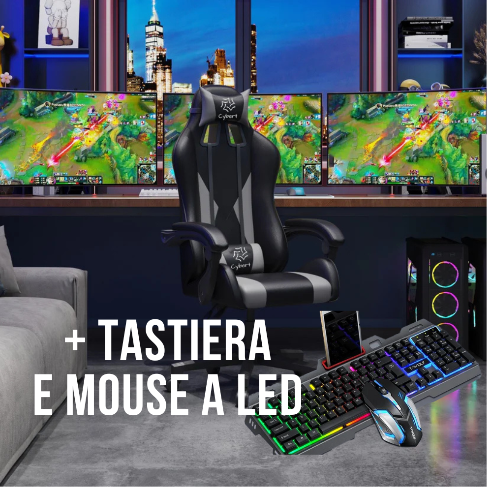 Sedia da Gaming / Ufficio RECLINABILE ERGONOMICA IN ECOPELLE CON TASTIERA E MOUSE A LED INCLUSO