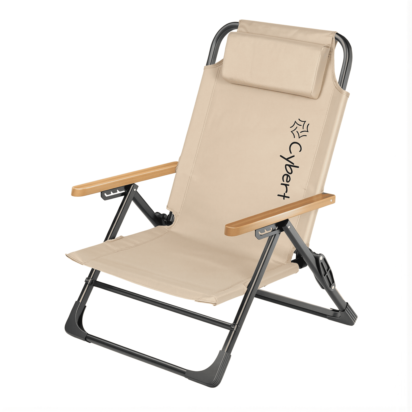 Sedia Pieghevole Reclinabile Cybert – Braccioli Effetto Legno – Textilene Traspirante – Poggiatesta Removibile – 60×84 cm – Portata 120 kg