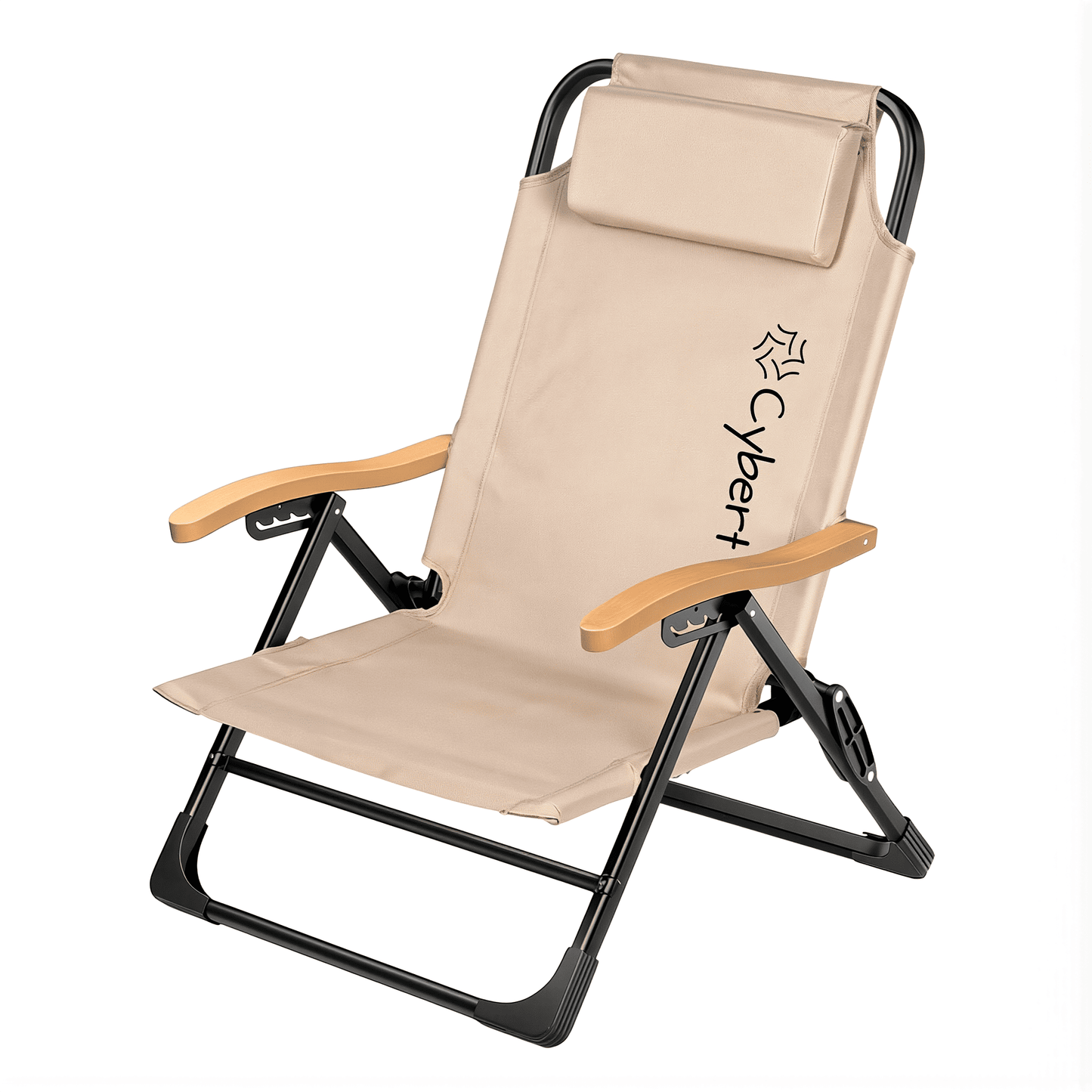 Sedia Pieghevole Reclinabile Cybert – Braccioli Effetto Legno – Textilene Traspirante – Poggiatesta Removibile – 60×84 cm – Portata 120 kg