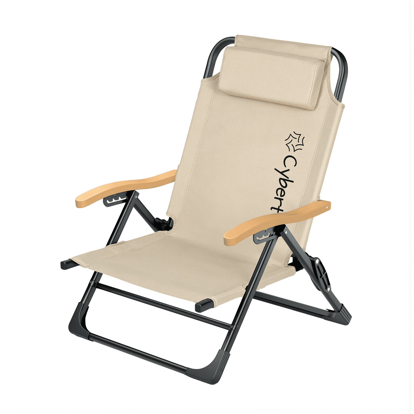 Sedia Pieghevole Reclinabile Cybert – Braccioli Effetto Legno – Textilene Traspirante – Poggiatesta Removibile – 60×84 cm – Portata 120 kg