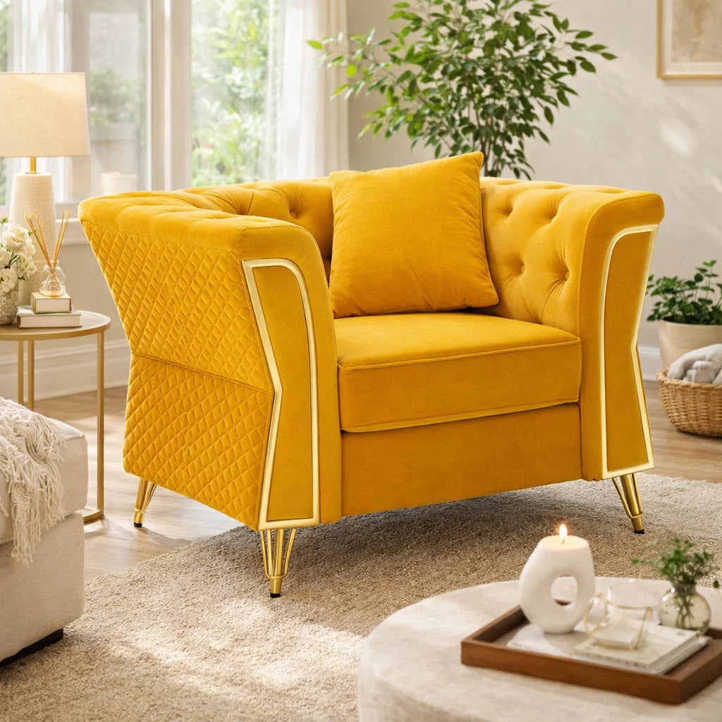Poltrona EMY in velluto verde con cuscino – gambe metallo oro – 104x83x76 cm