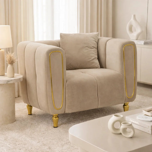 Poltrona ALMA in velluto grigio con cuscino – gambe metallo oro – 97x81x71 cm