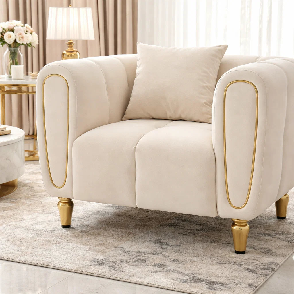 Poltrona ALMA in velluto grigio con cuscino – gambe metallo oro – 97x81x71 cm