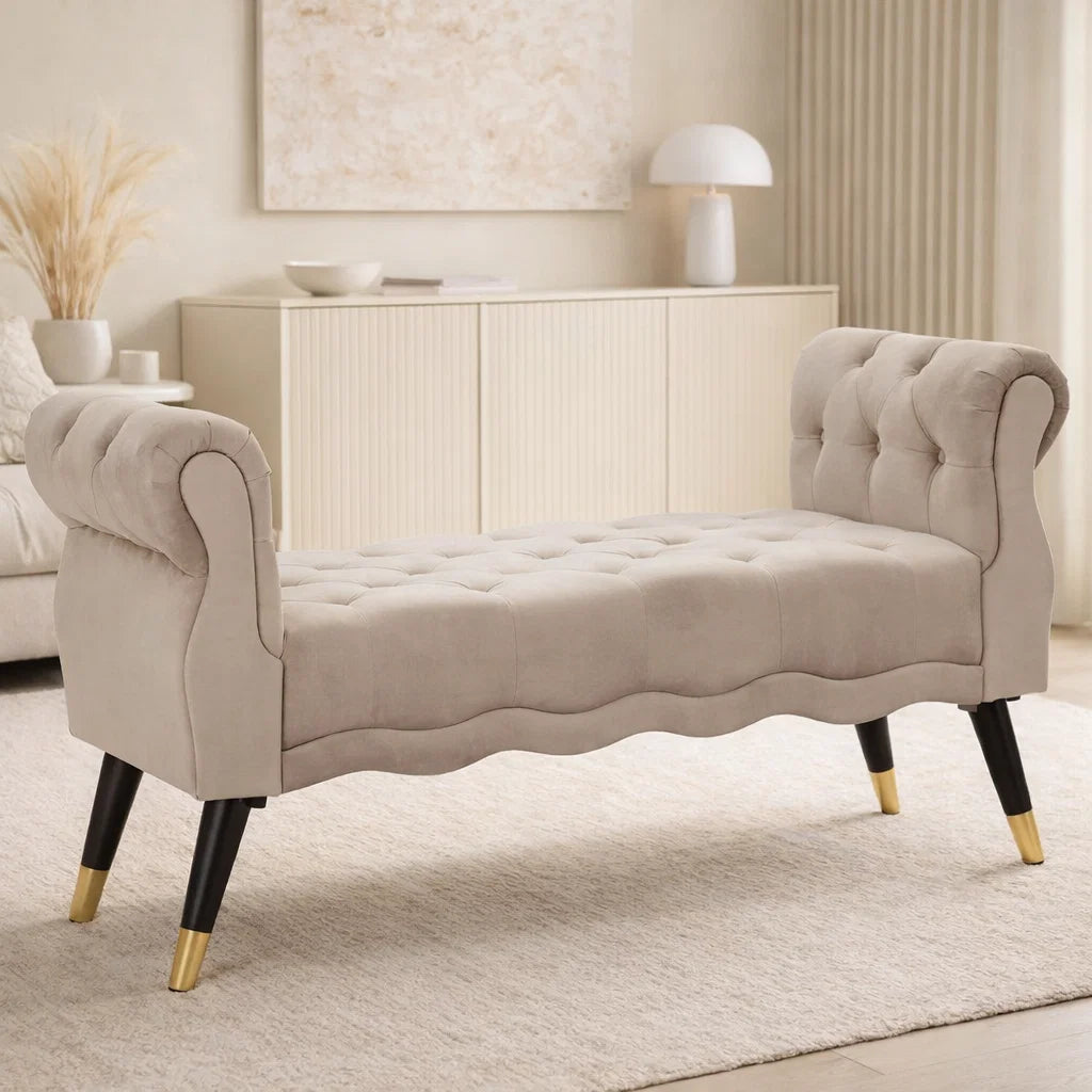 Panchetta PARIS in velluto grigio con dettagli oro – 120x40x60 cm – panca fondoletto/ingresso