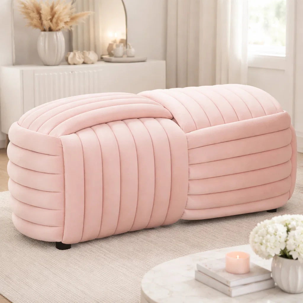 Panca SOFTY Rosa in velluto intrecciato – 90x45x45 cm – panchetta moderna per ingresso, camera e soggiorno